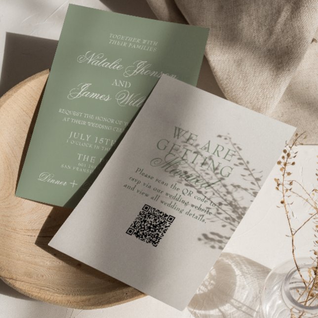 Classy Sage Green Boho Modern QR Code Wedding Einladung (Von Creator hochgeladen)