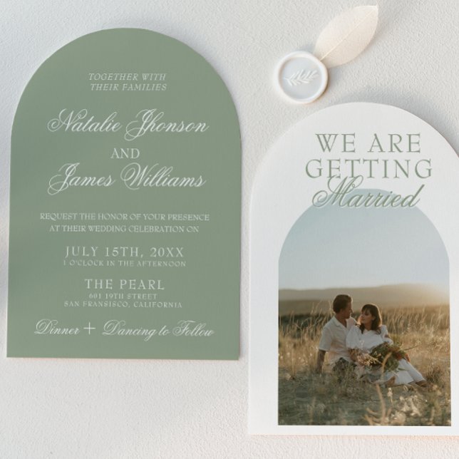 Classy Sage Green Luxury Boho Arched Wedding Einladung (Von Creator hochgeladen)