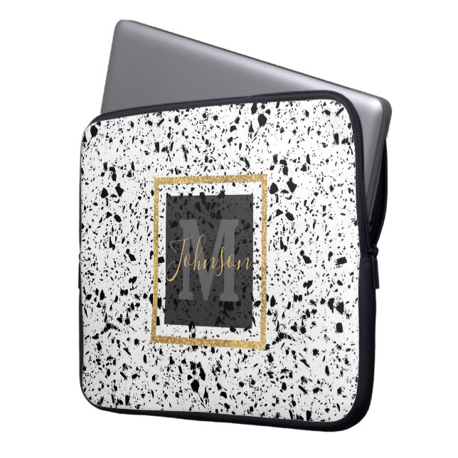 Classy Schwarz-weiß Marble Terrazzo Laptopschutzhülle (Vorderseite Links)