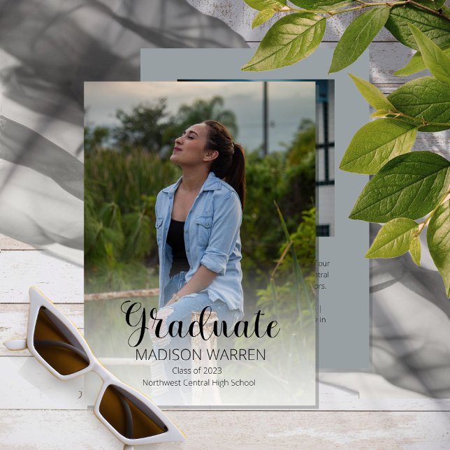 Classy Script Graduate Two Photo Graduation Gray Einladung (Von Creator hochgeladen)