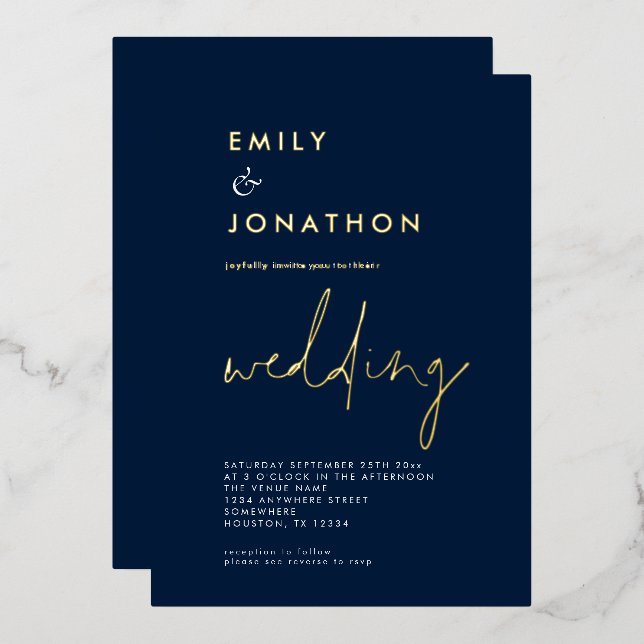 Classy Script Navy Gold Wedding Real Folieneinladung (Vorderseite/Rückseite)