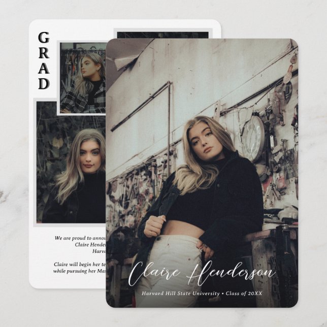 Classy Script Overlay Photo Collage Graduation Ankündigung (Vorne/Hinten)