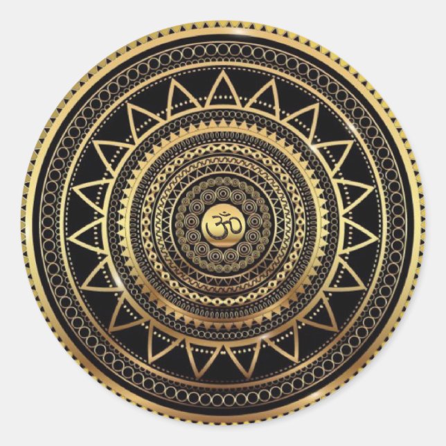 Classy Shiny Black & Gold OM Symbol Mandala Runder Aufkleber (Vorderseite)
