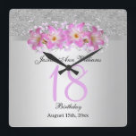 Classy Silver & Belladonna Lilies 18. Geburtstag   Quadratische Wanduhr<br><div class="desc">Schöne, klassische und stilvolle Geburtstagswand. Dieses Beispiel wurde für 18 Jahre entwickelt, ist aber für jedes Alter geeignet. Ein glamouröses Design mit einem silbernen Glitzer und Farbverlauf mit einem hübschen silbernen Band, um die beiden Bilder zu trennen, über dem Band ist ein gedrucktes Bild eines wunderschönen Bouquets aus rosa/lila/lavender belladonna...</div>