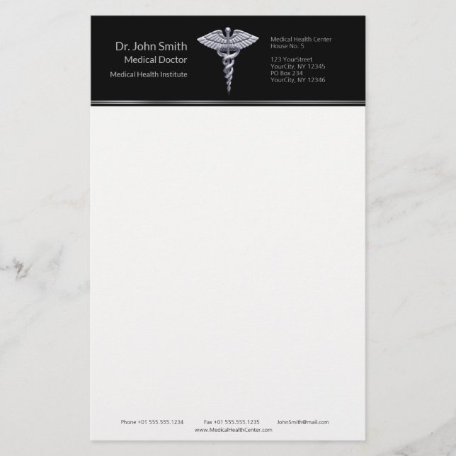 Classy Silver Caduceus auf Black Medical Briefpapier (Vorderseite)