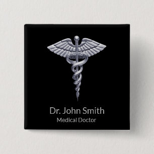 Classy Silver Caduceus Medical on Black Button