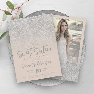 Classy Silver Champagner Glitzer Foto Sweet 16 Einladung