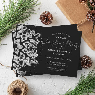 Classy Silver Glitzer Xmas Snowflake Holiday Black Einladung