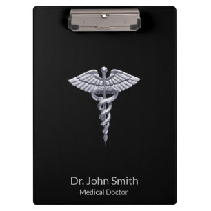 Classy Silver Medical Caduceus on Black Klemmbrett