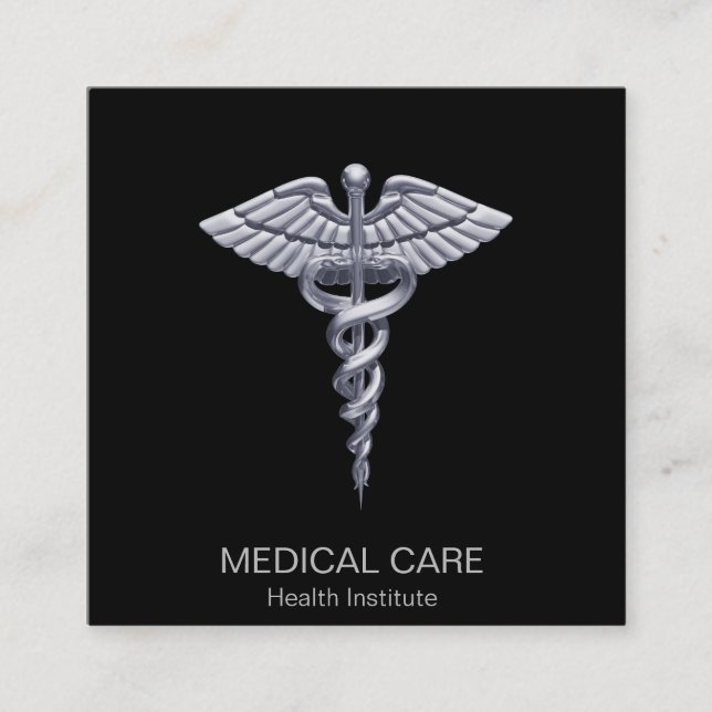 Classy Silver Medical Caduceus on Black Quadratische Visitenkarte (Vorderseite)
