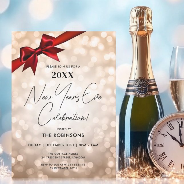 Classy Silvester Party Copper Bokeh Red Bow Einladung (Classy New Years Eve Party Copper Bokeh Red Bow Invitation)