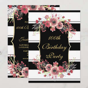 Classy Stripes Floral Wasserfarbe 100. Geburtstag Einladung