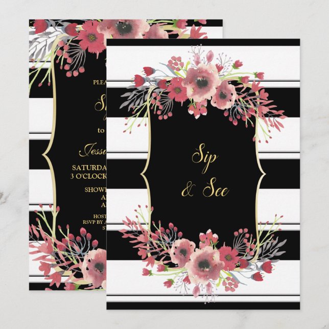 Classy Stripes Floral Wasserfarben Silicon & See Einladung (Vorne/Hinten)