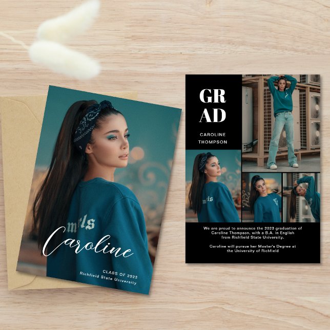 Classy Stylish Black Foto Collage Abschluss Ankündigung (Von Creator hochgeladen)