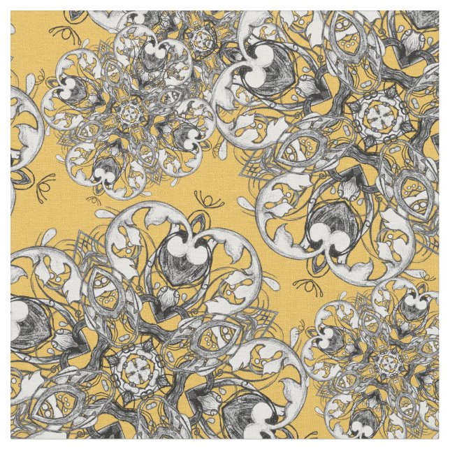 Classy Stylish Mustard Yellow Gothic Floral Print Stoff (Nahaufnahme)
