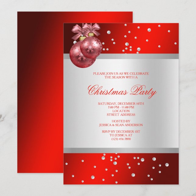 Classy Stylish red Baubles & Pearls Weihnachten Einladung (Vorne/Hinten)
