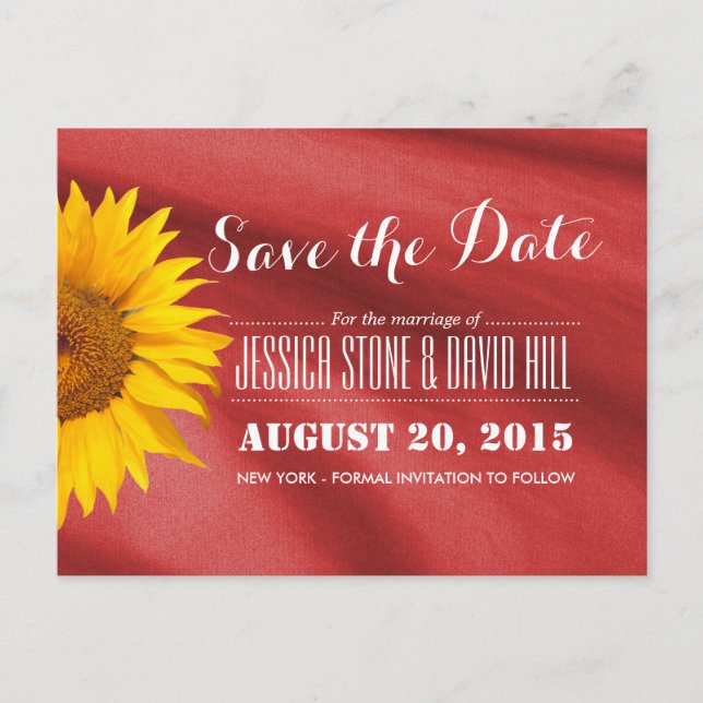 Classy Sunflower Red Fabric Save the Date Ankündigungspostkarte (Vorderseite)