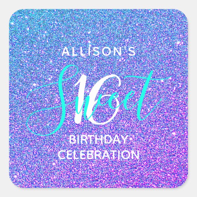 Classy Sweet 16 Aquamariner Lila Glitzer Ombre Nam Quadratischer Aufkleber (Vorderseite)