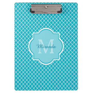 Classy Turquoise Blue Quatrefolie Monogramm und Na Klemmbrett