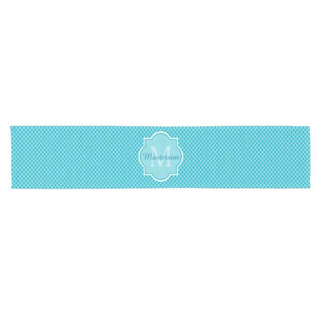 Classy Turquoise Blue Quatrefolie Monogramm und Na Kurzer Tischläufer (Horizontal)