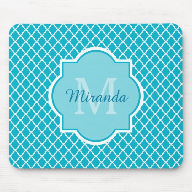 Classy Turquoise Blue Quatrefolie Monogramm und Na Mousepad (Vorne)
