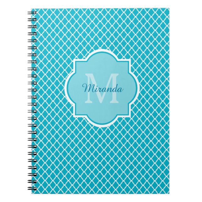 Classy Turquoise Blue Quatrefolie Monogramm und Na Notizblock (Vorderseite)