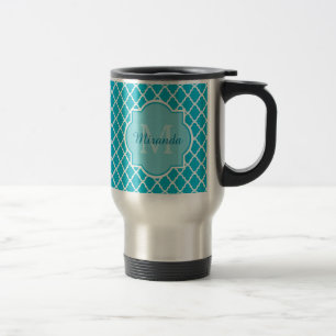 Classy Turquoise Blue Quatrefolie Monogramm und Na Reisebecher