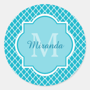 Classy Turquoise Blue Quatrefolie Monogramm und Na Runder Aufkleber