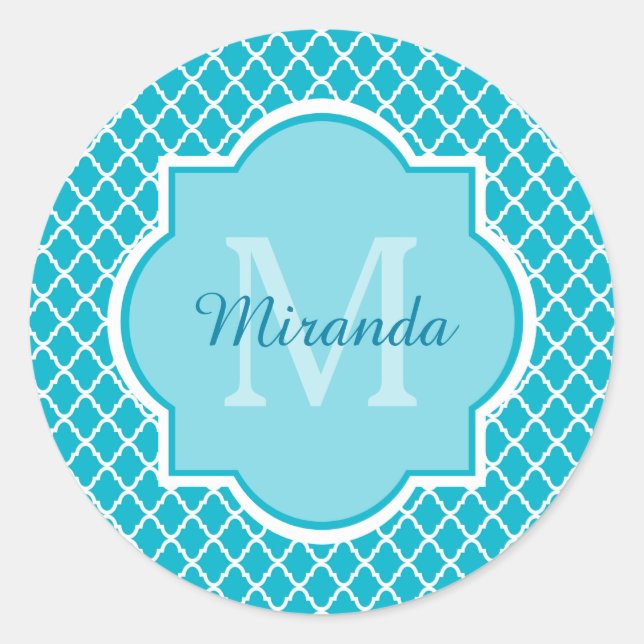 Classy Turquoise Blue Quatrefolie Monogramm und Na Runder Aufkleber (Vorderseite)
