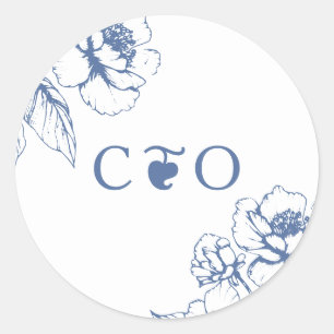 Classy Vintag Blue Floral Garden Initials Wedding Runder Aufkleber