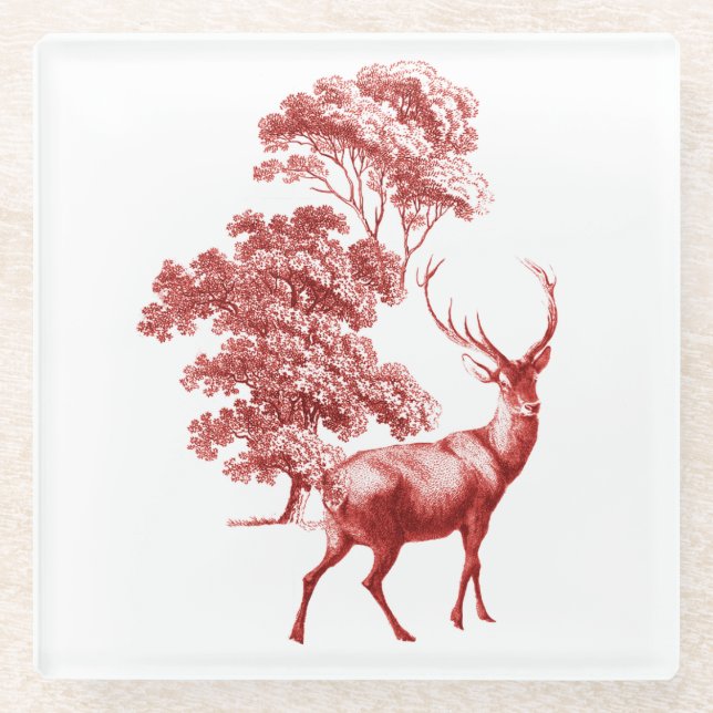 Classy Vintag Red Toile Hirsche im Wald Glasuntersetzer (Vorderseite)