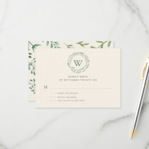 Classy Watercolor Greenerity Wreath Monogram RSVP Karte