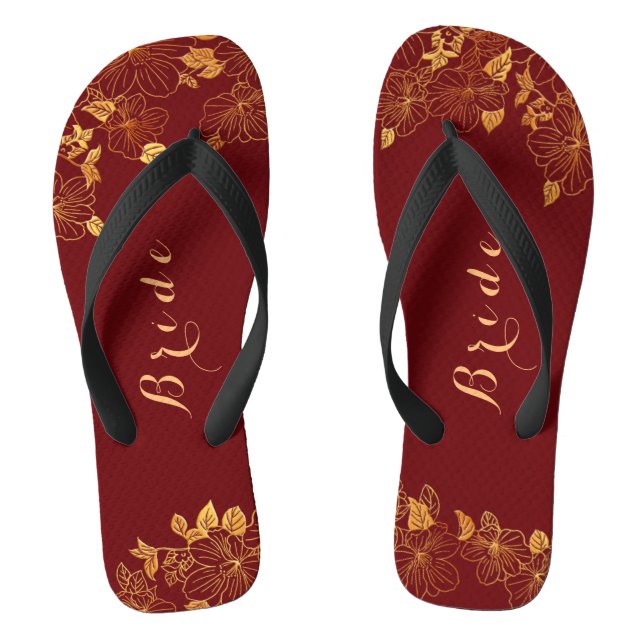 Classy Wedding Bride Deep Burgundy & Gold Foliage Flip Flops (Fußbett)
