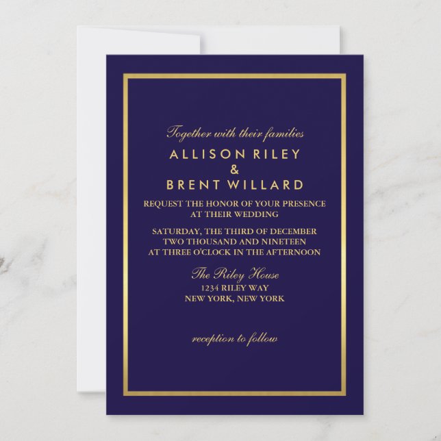 Classy Wedding Invitation Gold Foil - Navy Blue Einladung (Vorderseite)