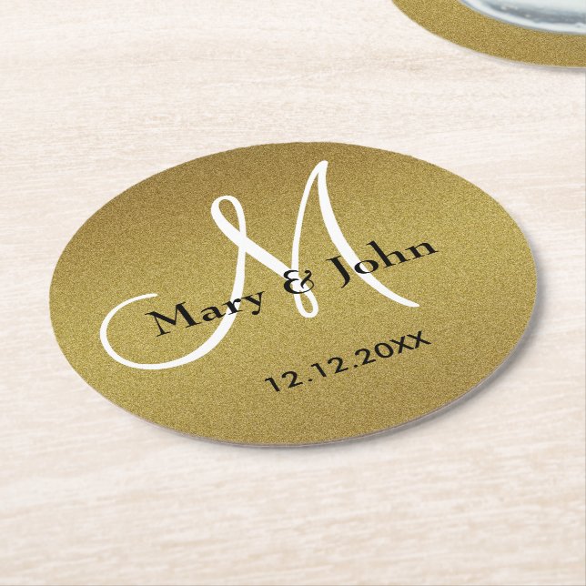 Classy Wedding Monogram Glitzer Gold Runder Pappuntersetzer (Angewinkelt)