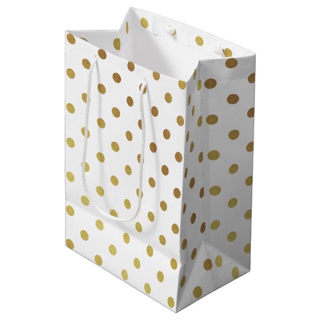 Classy White and Gold Glitzer Polka Dots Mittlere Geschenktüte (Vorderseite Schrägansicht)