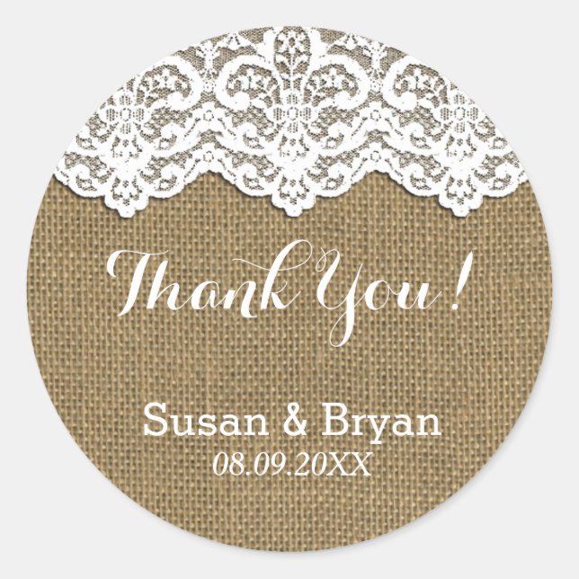 Classy White Lace & Burlap Danke Sticker (Vorderseite)