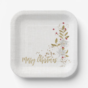 Classy White Poinsettia White Linen Gold Glitzer Pappteller