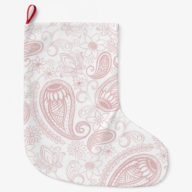 Classy White Rose Gold Glitzer Paisley Floral Großer Weihnachtsstrumpf (Vorderseite)