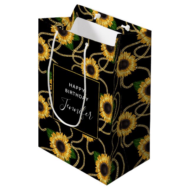 Classy Yellow Sunblumen Stilvolles Muster Geburtst Mittlere Geschenktüte (Vorderseite Schrägansicht)
