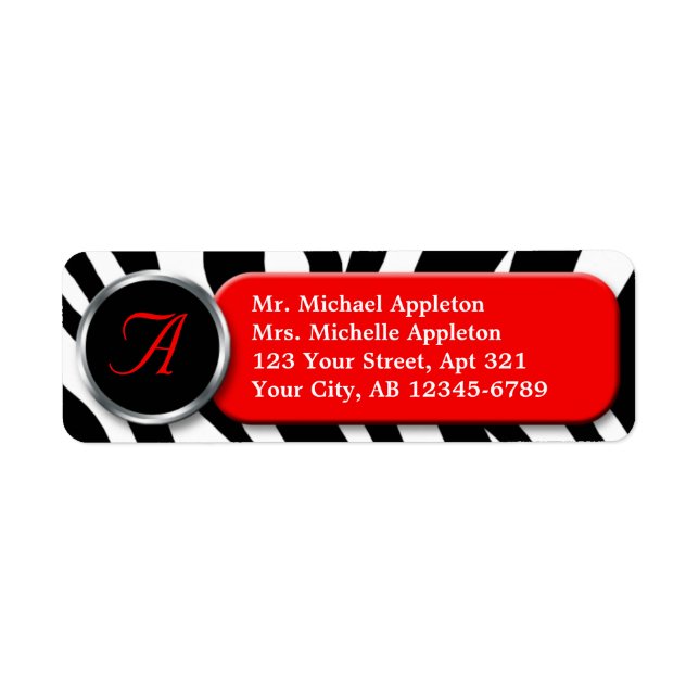 Classy Zebra Print Red Monogram Étiquettes de adre (Devant)