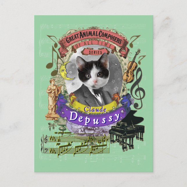 Claude Depussy Funny Cat Animal Composer Debussy Postkarte (Vorderseite)
