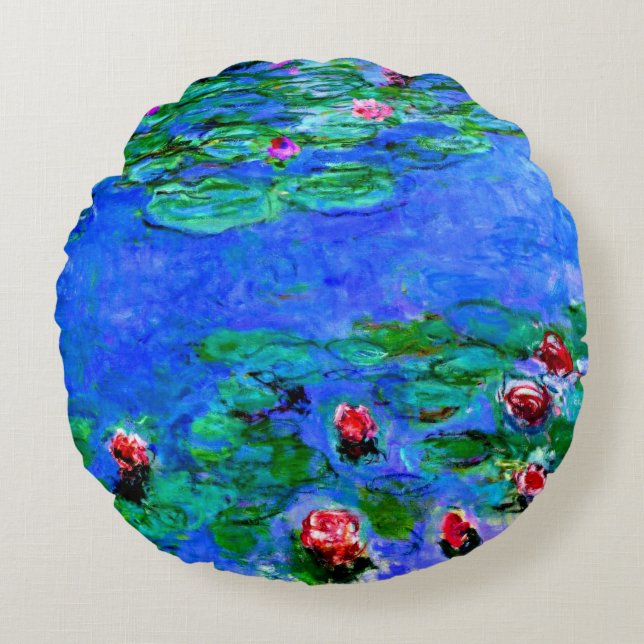 Claude Monet art: Water Lilies (rot), Rundes Kissen (Vorderseite)