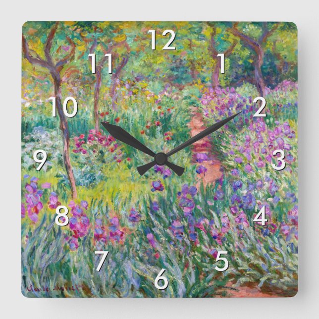 Claude Monet - Der Iris-Garten in Giverny Quadratische Wanduhr (Vorderseite)