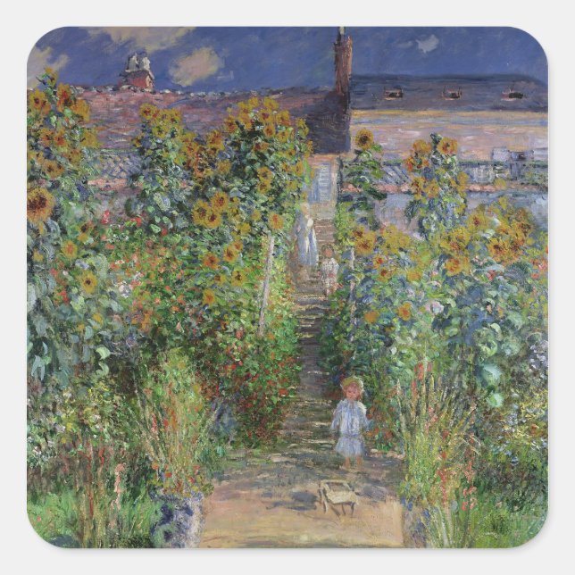Claude Monet | Der Künstlergarten in Vetheuil Quadratischer Aufkleber (Vorderseite)