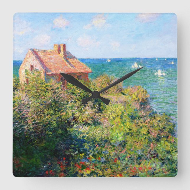 Claude Monet: Fishermans Hütte bei Varengeville Quadratische Wanduhr (Vorderseite)