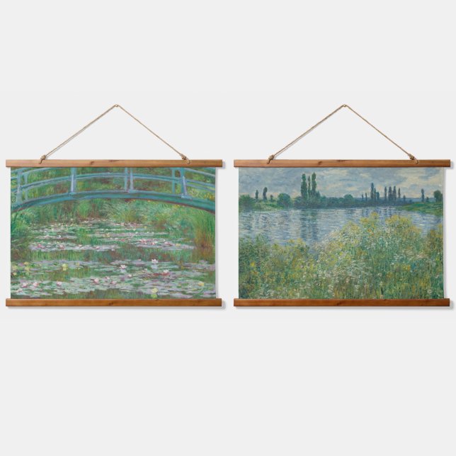 Claude Monet Set 2 Bridge River Alte Französische  Wandteppich Mit Holzrahmen (Doppelt)
