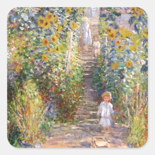 Claude Monet The Artist's Garden at Vétheuil, 1880 Quadratischer Aufkleber (Vorderseite)
