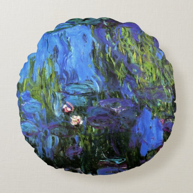 Claude Monet: Water-Lilies, blaues Indigo Rundes Kissen (Vorderseite)