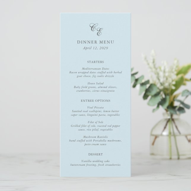 Claudia Powder Blue Elegante Wedding Menükarte (Stehend Vorderseite)